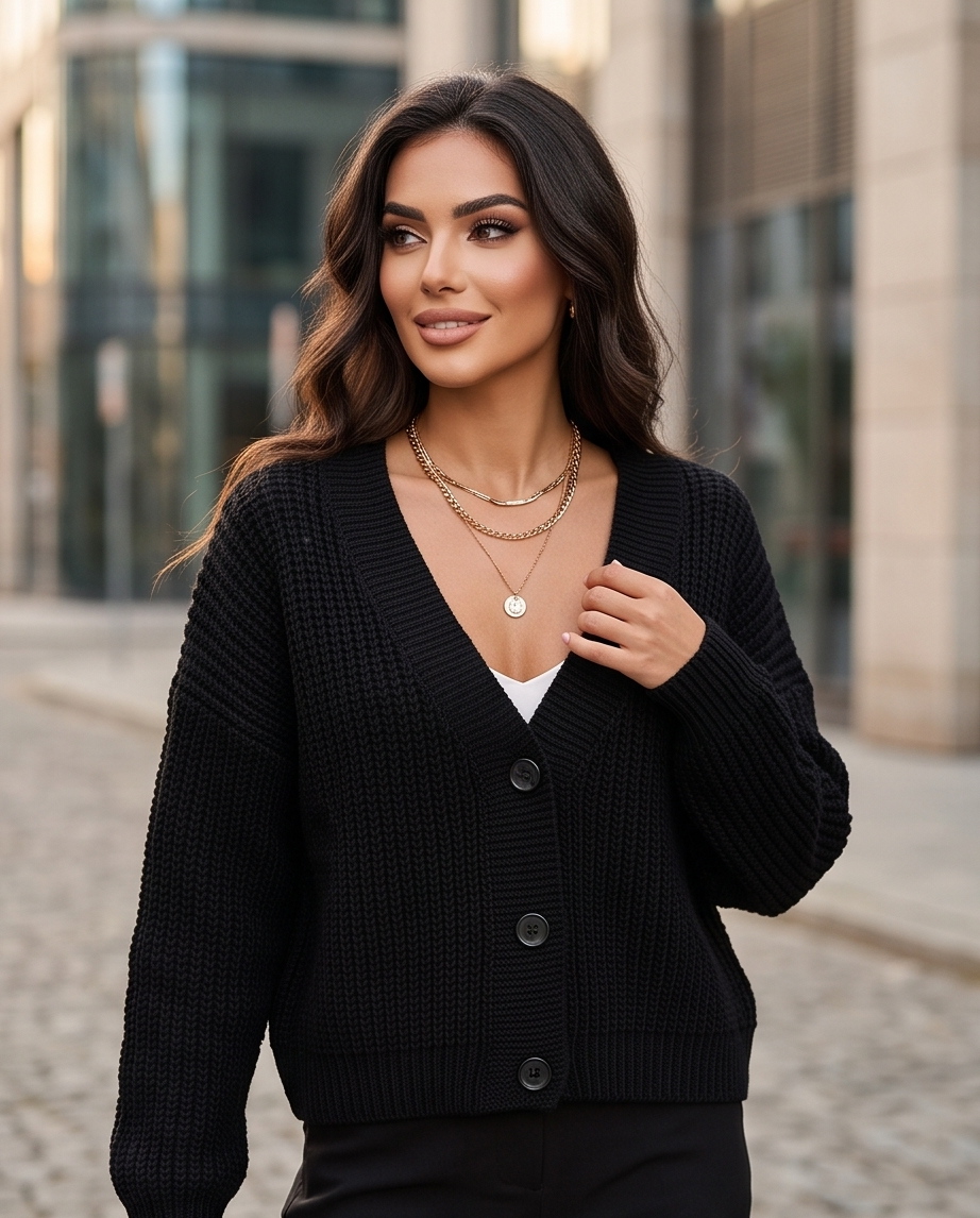 Cardigan Corto in Maglia Grossa con Bottoni e Scollo a V