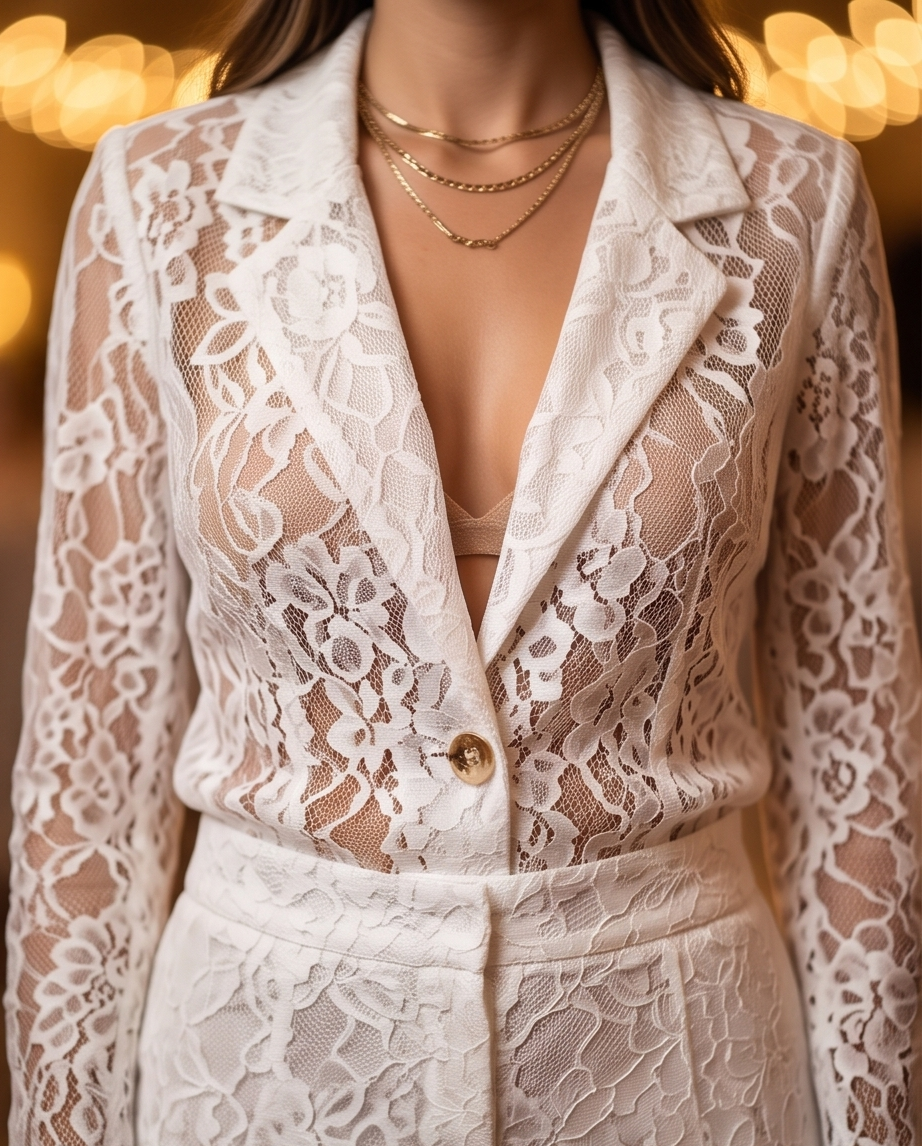 Completo in Pizzo Bianco Giacca e Pantalone Donna