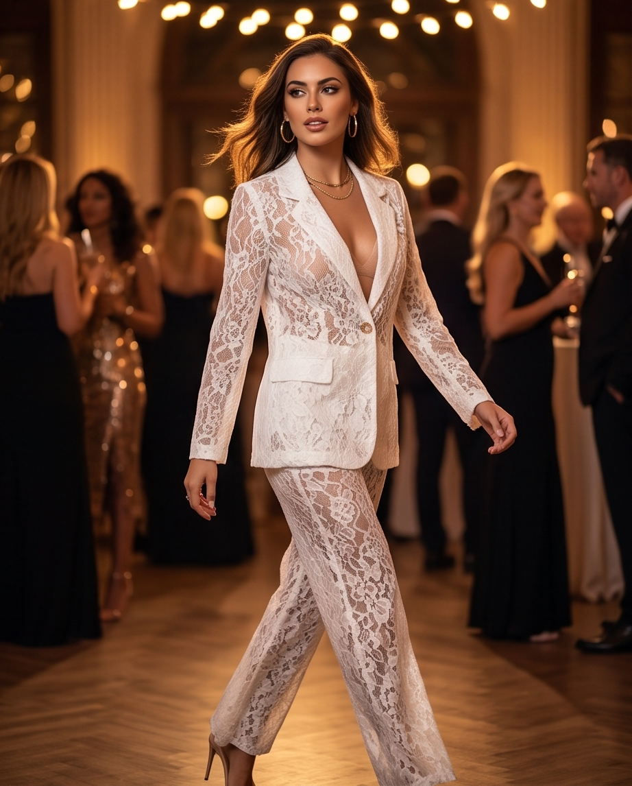 Completo in Pizzo Bianco Giacca e Pantalone Donna