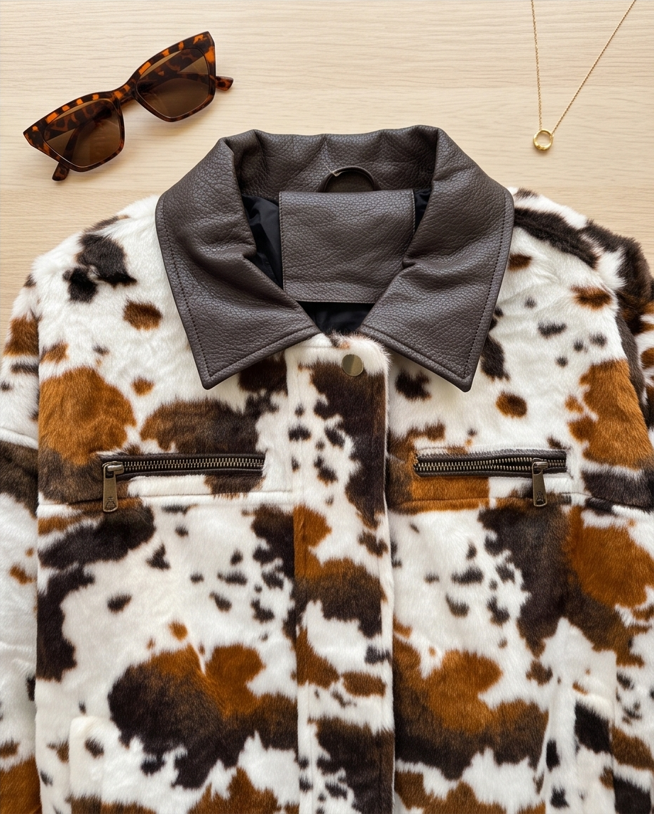 Giacca Corta Effetto Animalier Vacchetta con Collo Sartoriale