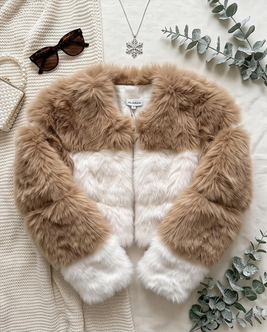 Giacca Ecopelliccia Donna Bicolore Beige e Bianco Elegante Invernale