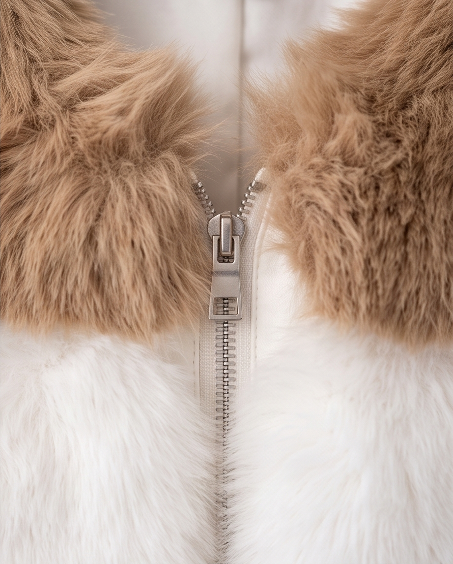 Giacca Ecopelliccia Donna Bicolore Beige e Bianco Elegante Invernale
