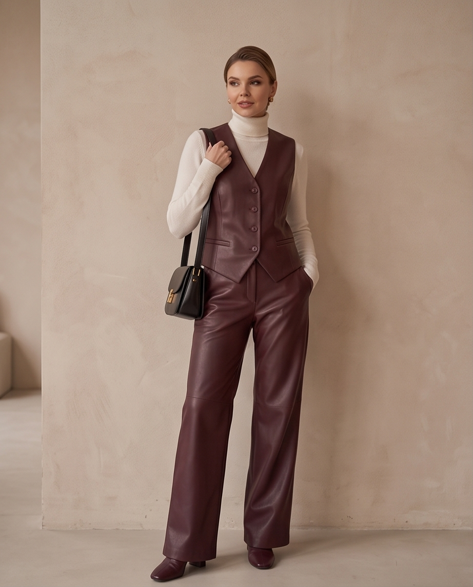 Completo Gilet e Pantaloni in Ecopelle Marrone | Donna