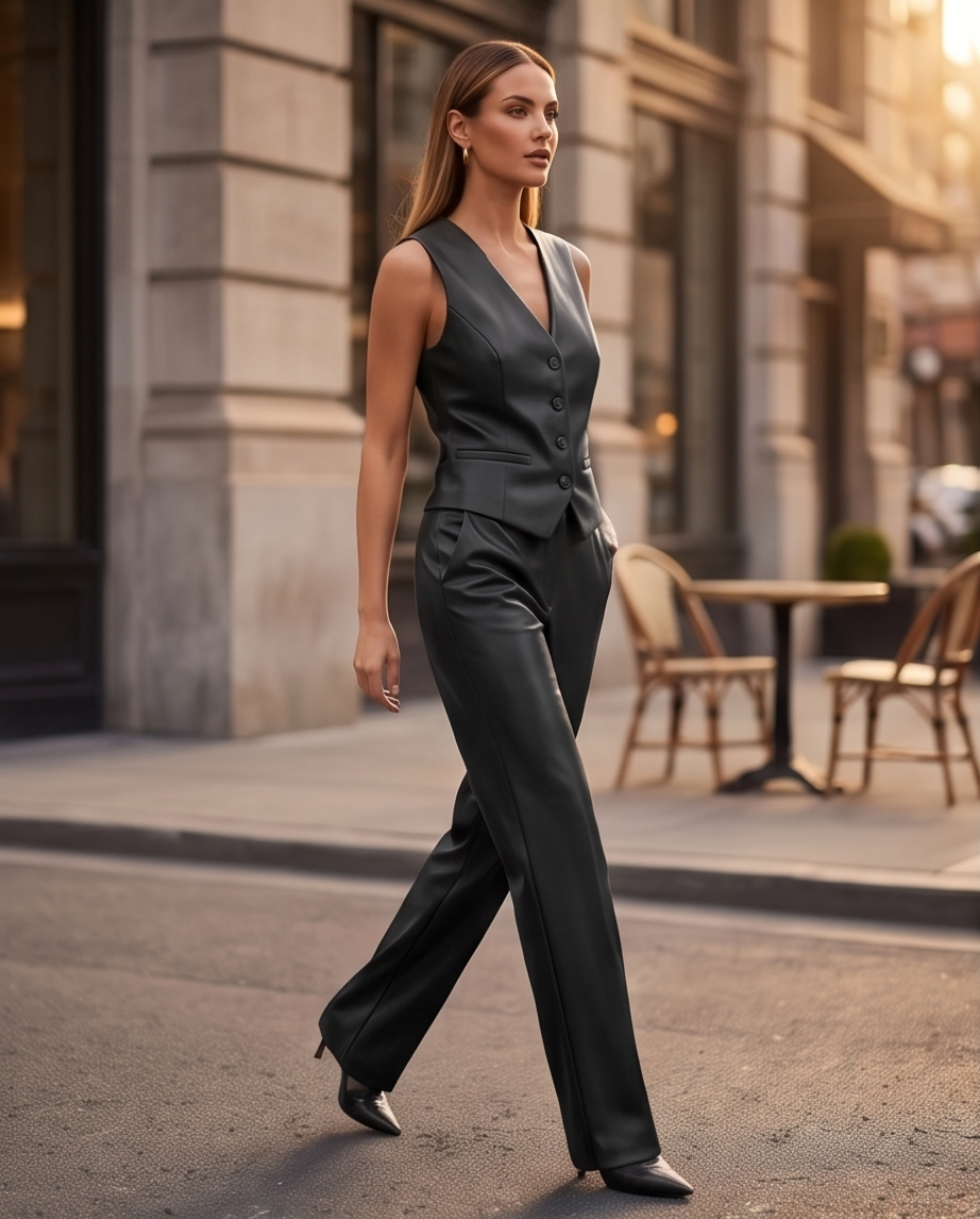 Completo Gilet e Pantaloni in Ecopelle Marrone | Donna