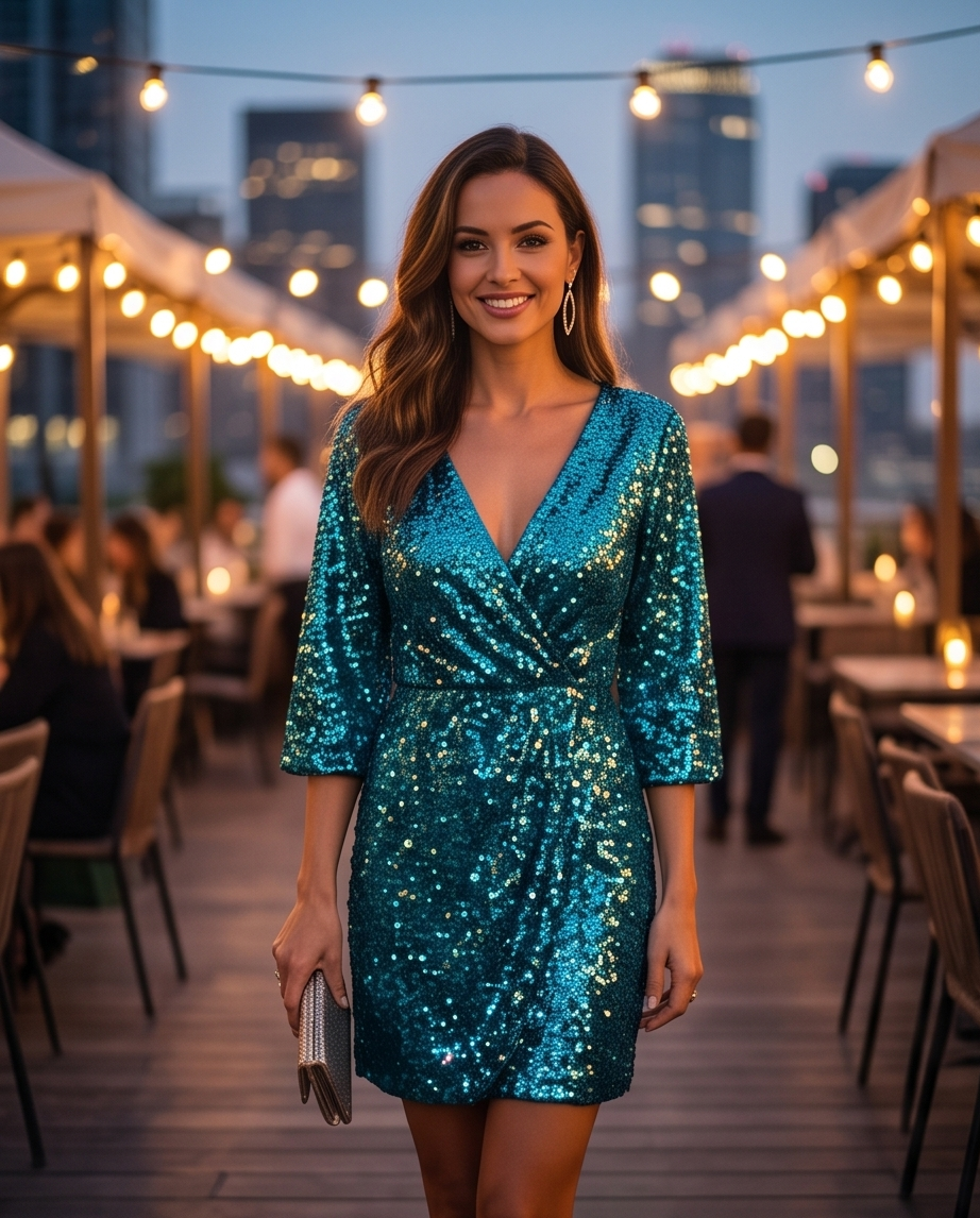 Abito Corto con Paillettes Fucsia e Blu | Scollo a V Donna