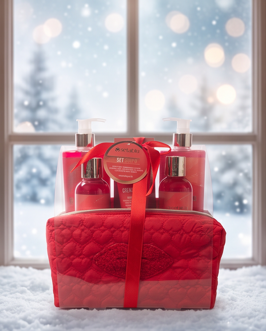 Set Regalo Bagno Setablu | Pochette Rossa Trapuntata a Cuori con Fiocco