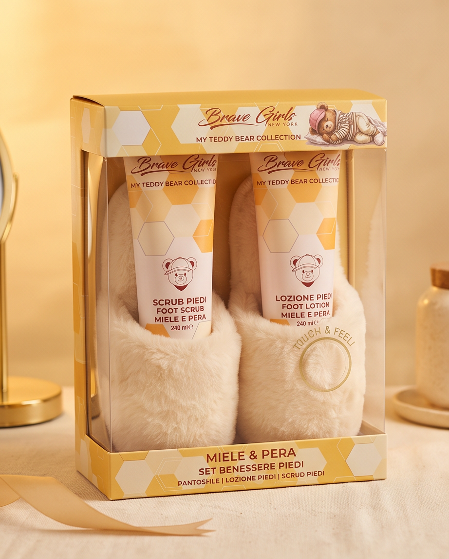 Set Benessere Piedi Miele e Pera | Pantofole Morbide, Lozione e Scrub Piedi Brave Girls