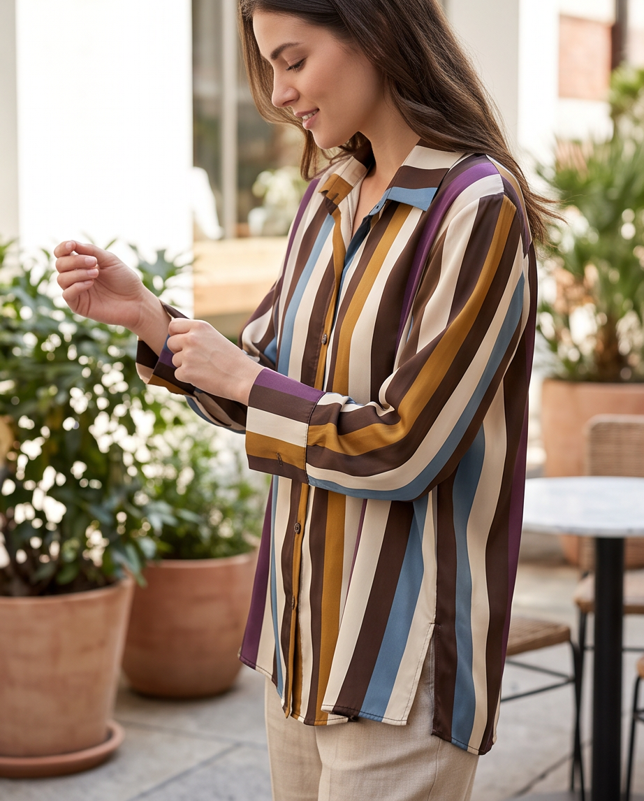 Camicia a Righe Verticali Multicolore | Camicia Donna Maniche a 3/4 con Risvolto