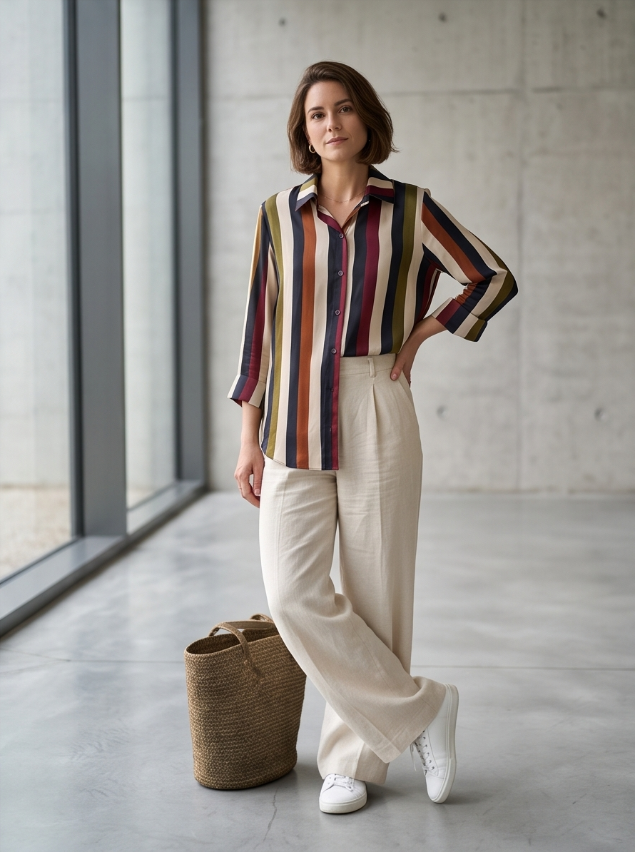Camicia a Righe Verticali Multicolore | Camicia Donna Maniche a 3/4 con Risvolto