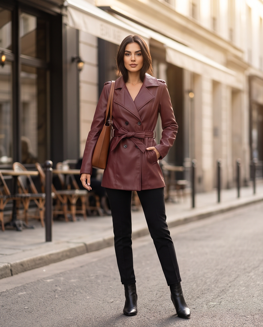 Giacca Doppiopetto Burgundy in Ecopelle con Cintura | Donna