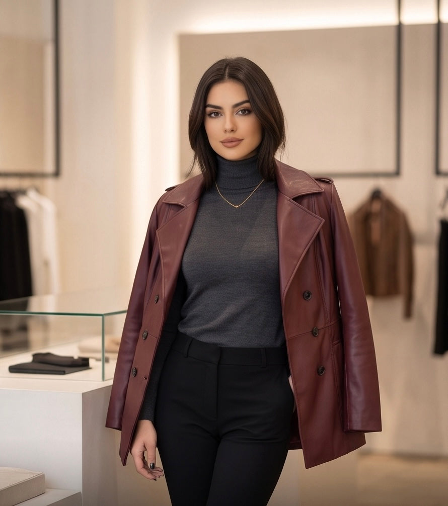 Giacca Doppiopetto Burgundy in Ecopelle con Cintura | Donna