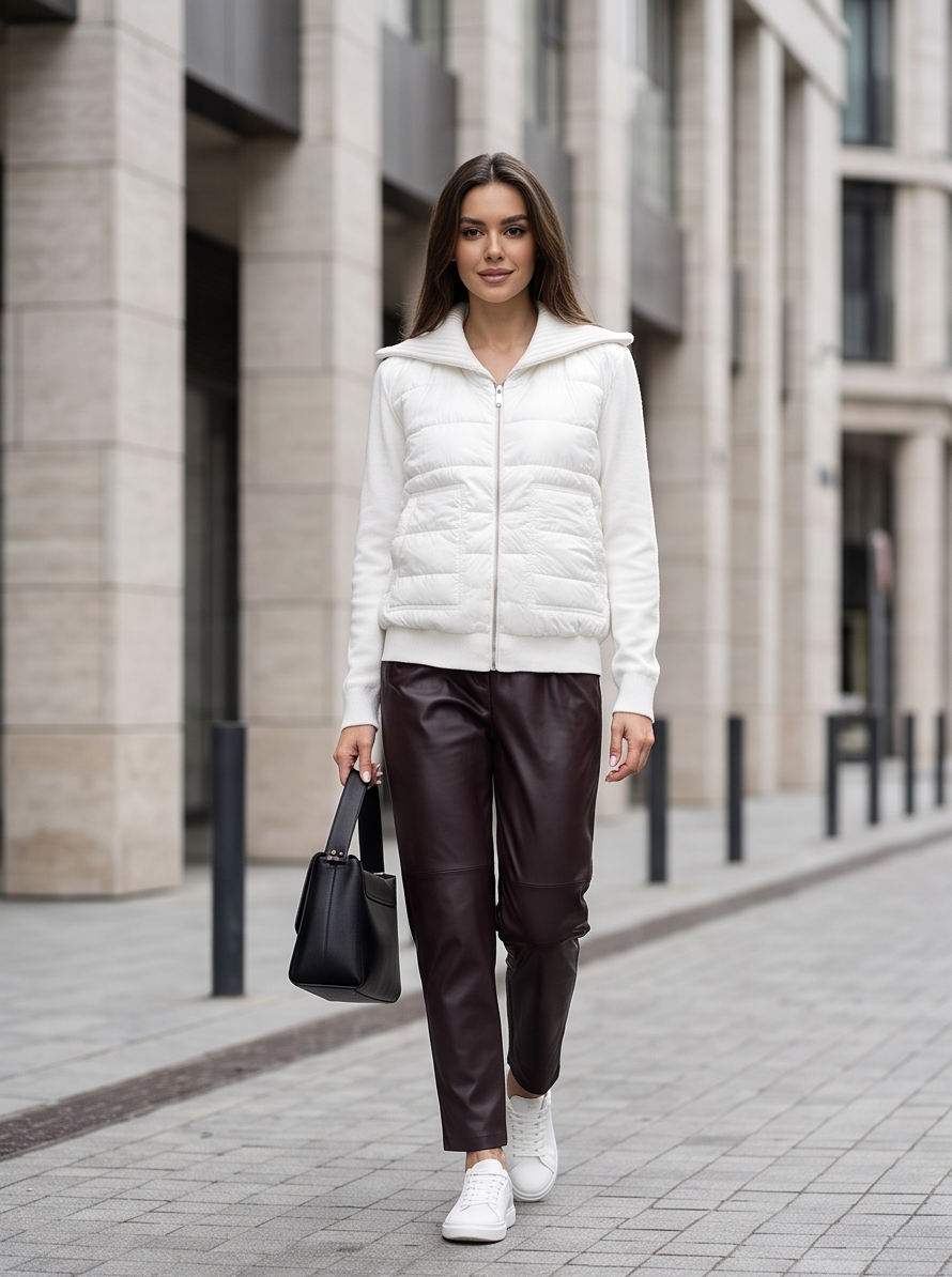 Giacchetto Trapuntato Beige con Maniche in Maglia | Giubbotto Donna Bimateriale con Zip