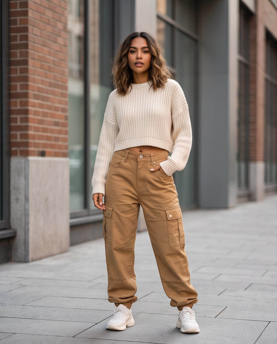 Jeans Cargo Donna Cammello Vita Alta