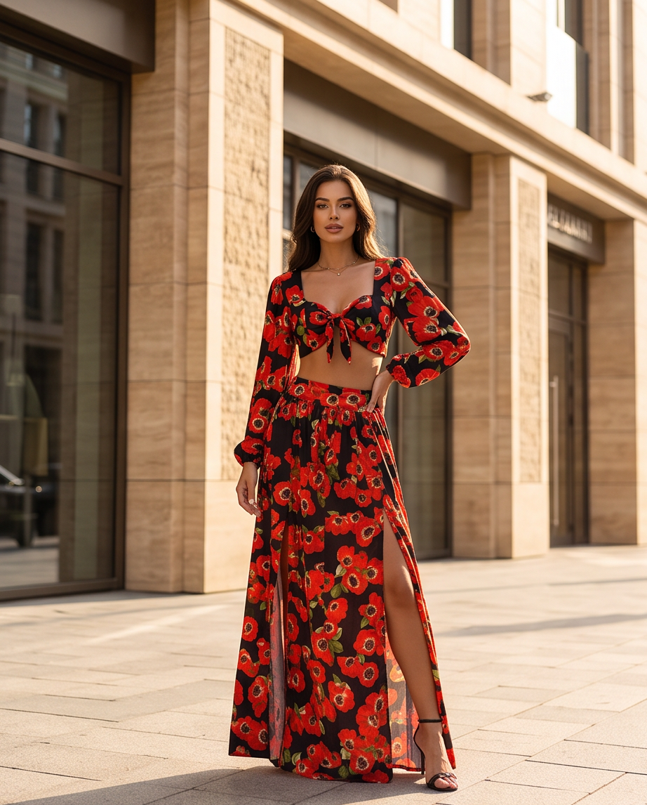 Completo Coordinato Floreale Crop Top e Gonna Lunga con Spacco | Look Elegante