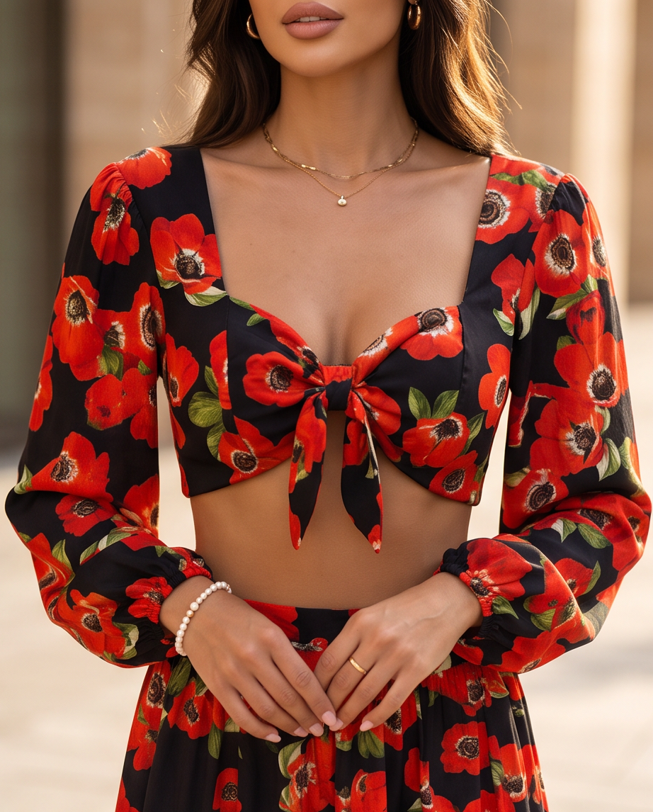 Completo Coordinato Floreale Crop Top e Gonna Lunga con Spacco | Look Elegante