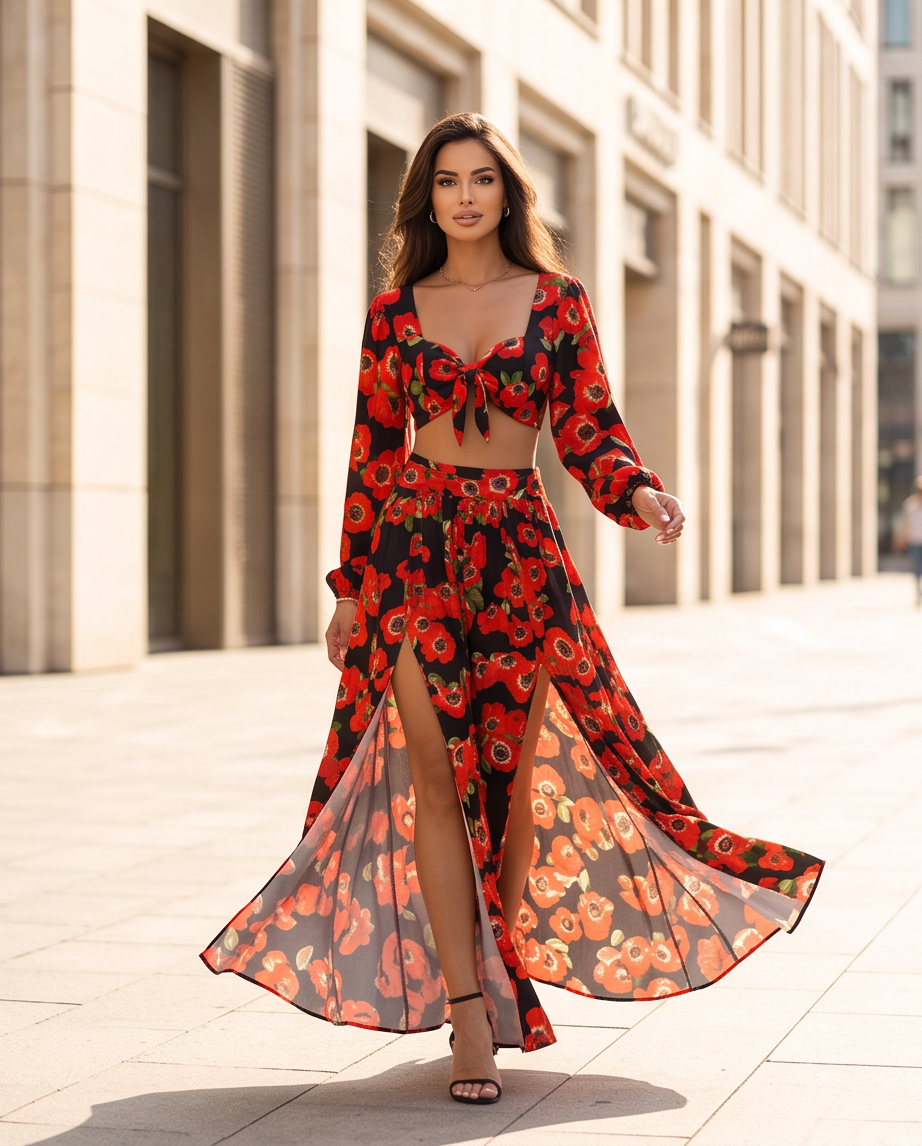 Completo Coordinato Floreale Crop Top e Gonna Lunga con Spacco | Look Elegante