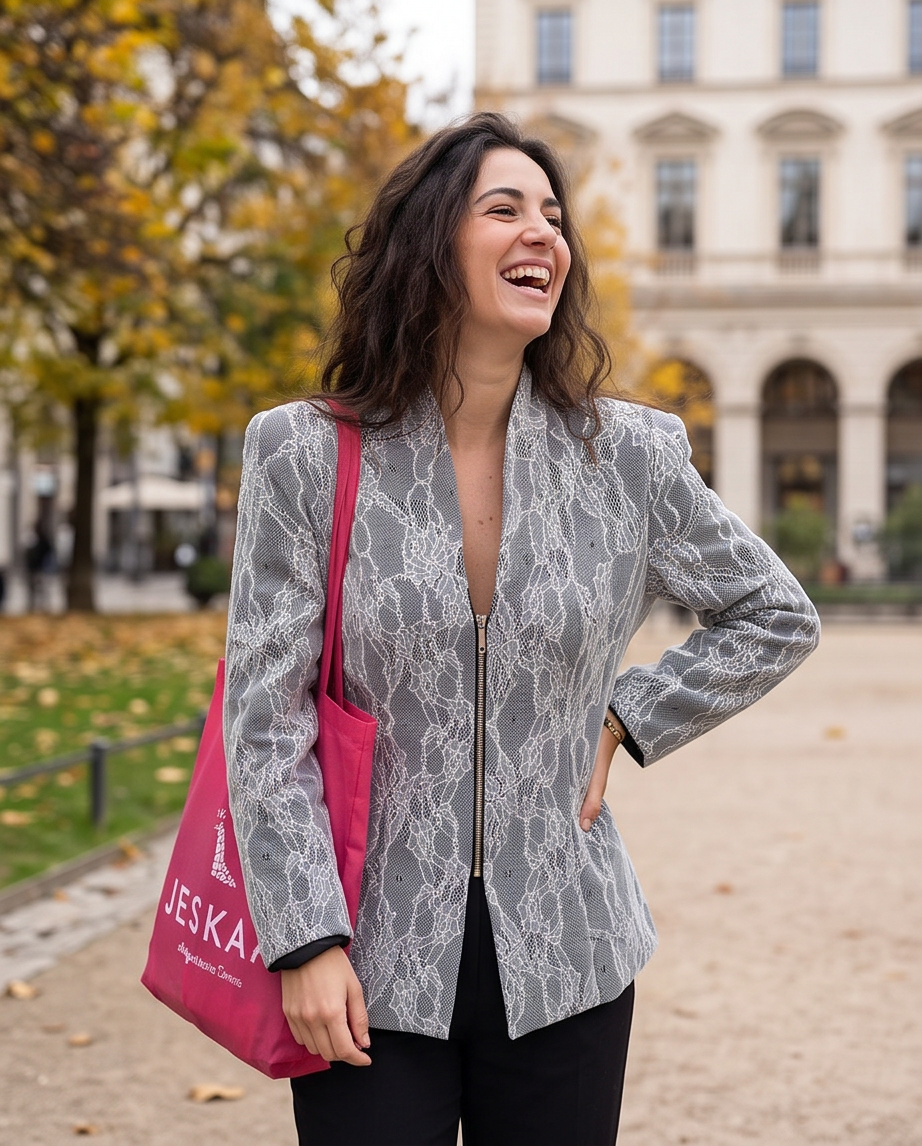 Blazer Donna Grigio Collo alla Coreana con Zip e Texture Floreale