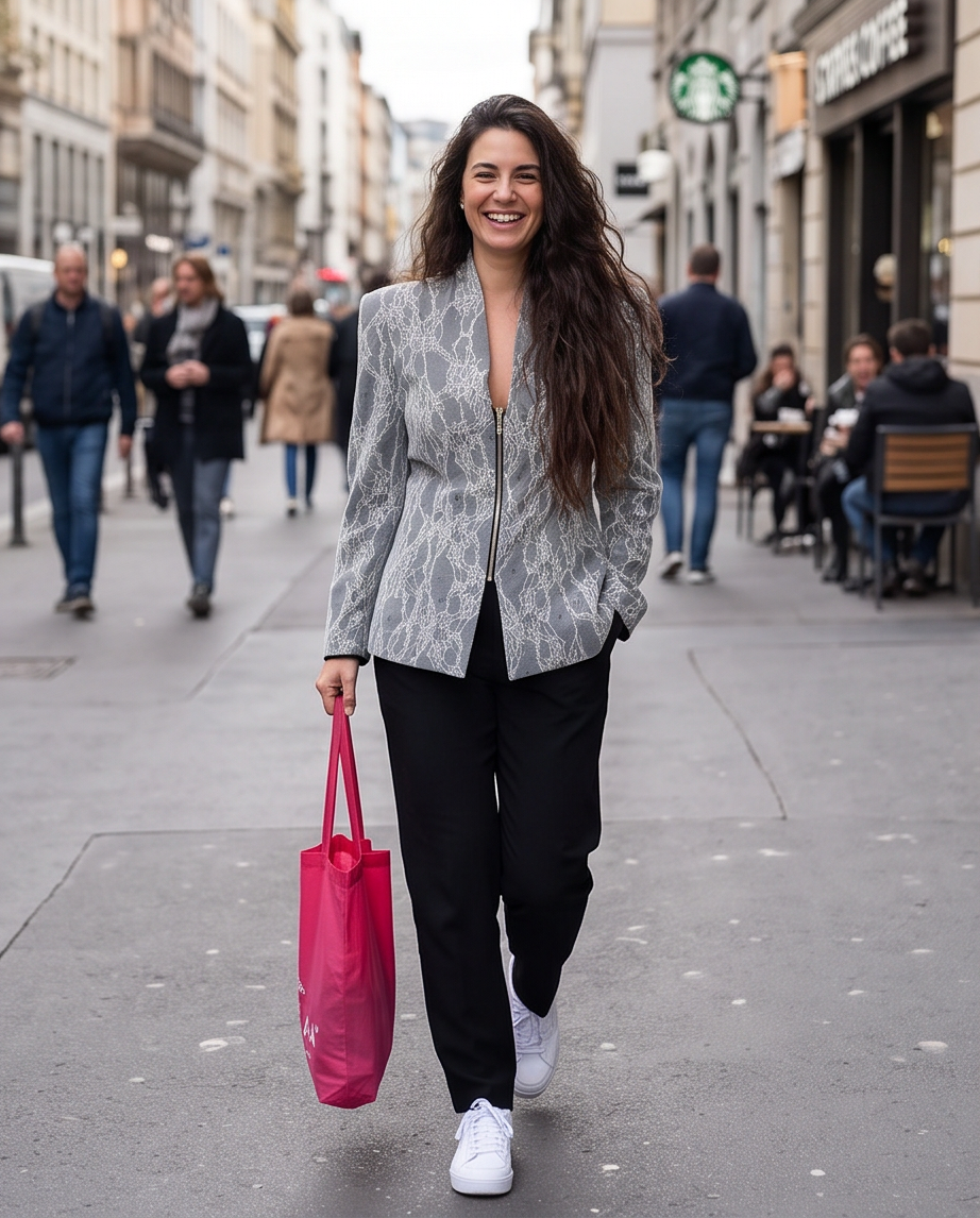 Blazer Donna Grigio Collo alla Coreana con Zip e Texture Floreale