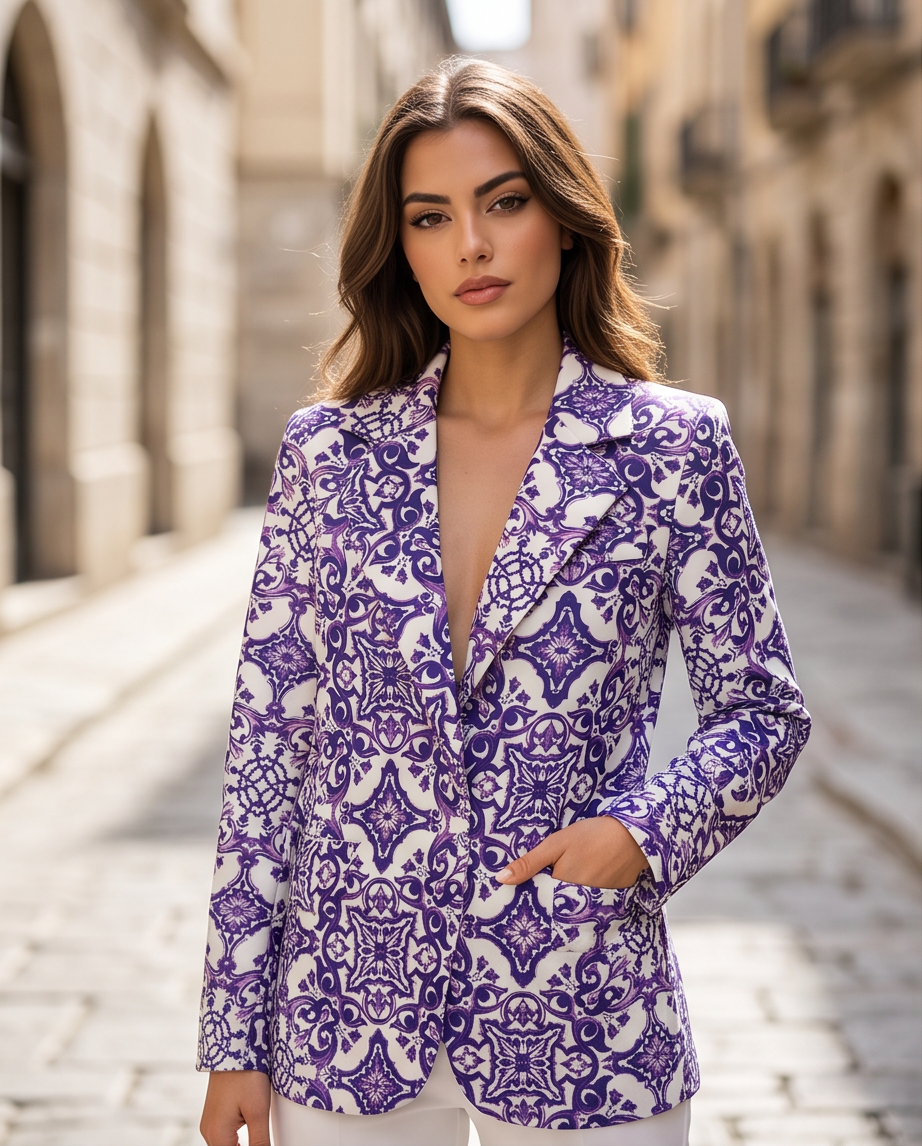 JESKAA_Blazer Donna Fantasia Maiolica_Giacca Elegante_VIOLA