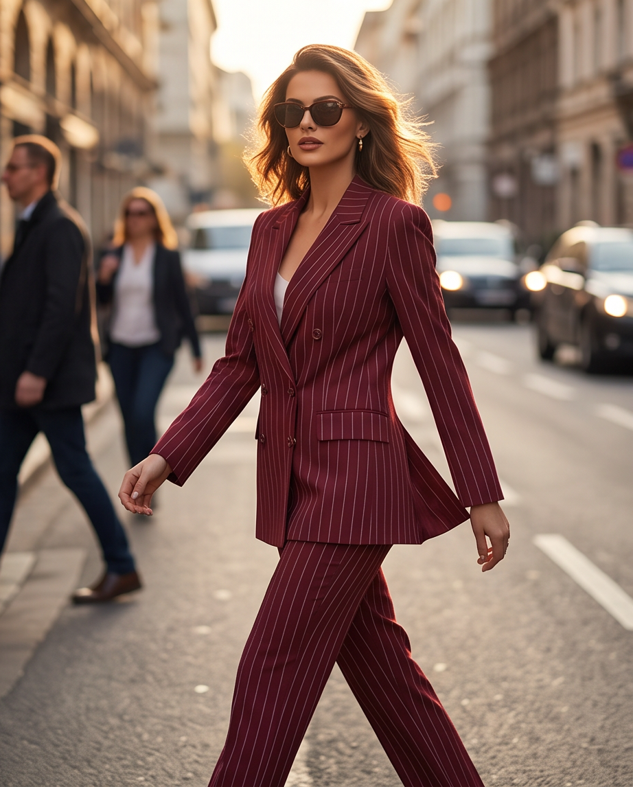 JESKAA_Blazer Donna Sartoriale con righe sottili_bordeaux