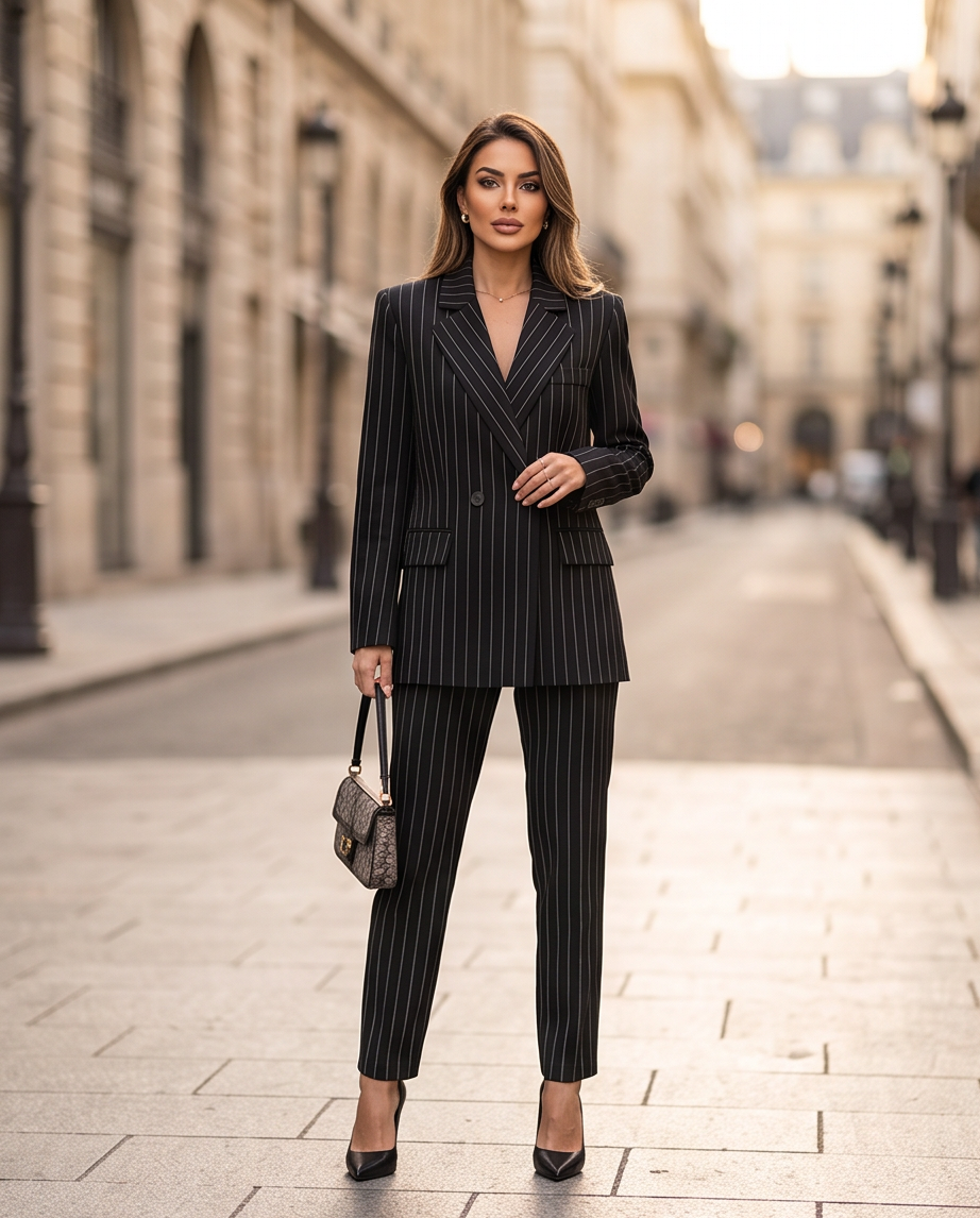 JESKAA_Blazer Donna Sartoriale con righe sottili_nero
