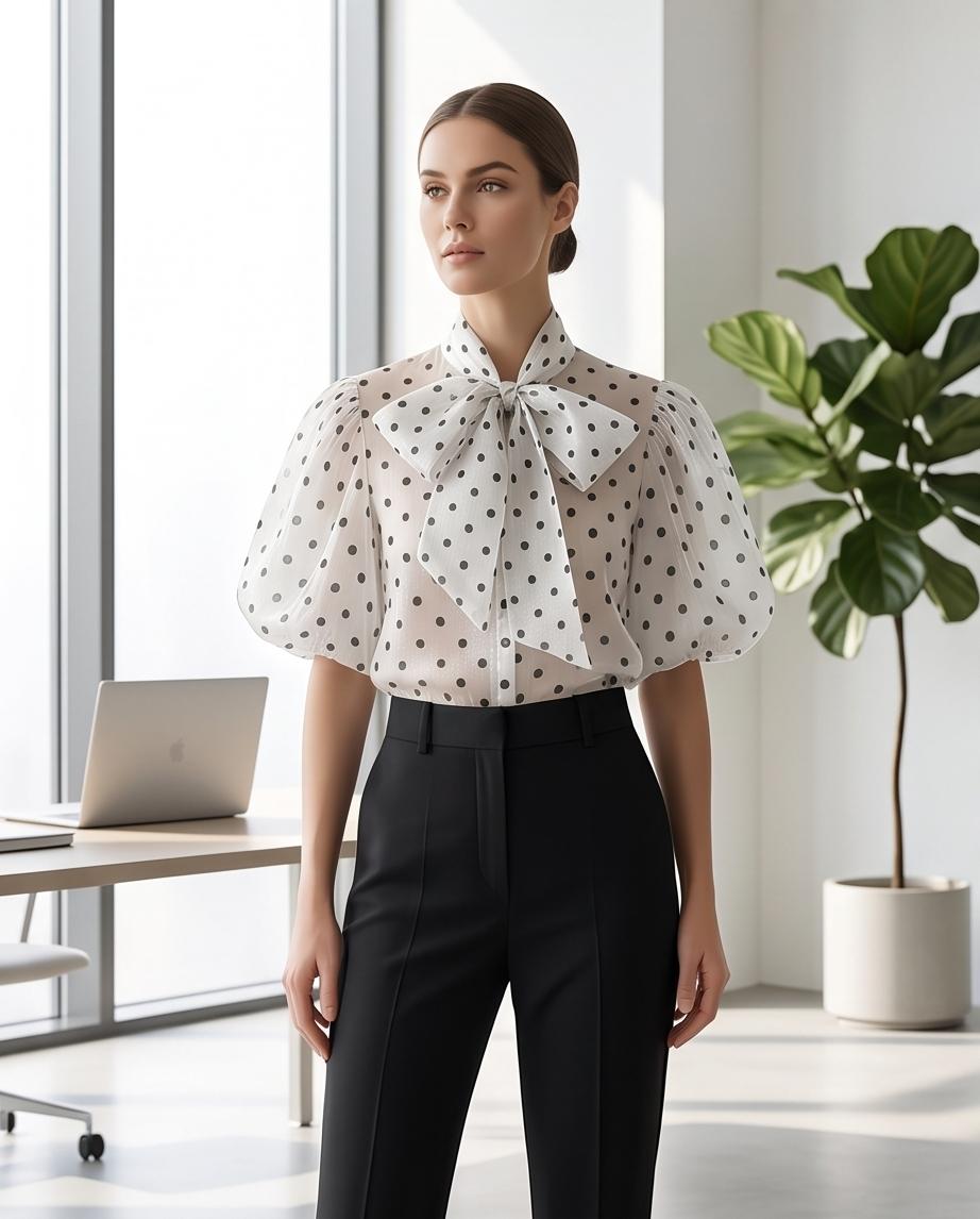 JESKAA_Blusa camicia donna a pois con maniche a balze