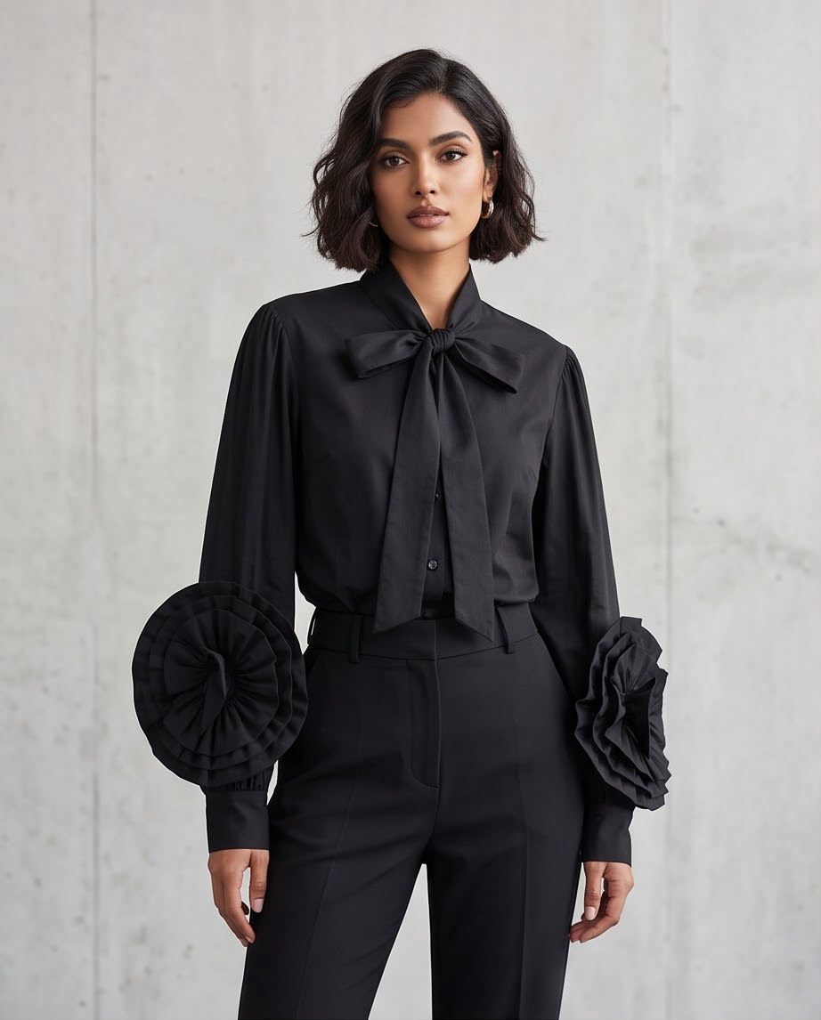 JESKAA_Camicia Donna con Fiocco e Rose Applicate_NERO