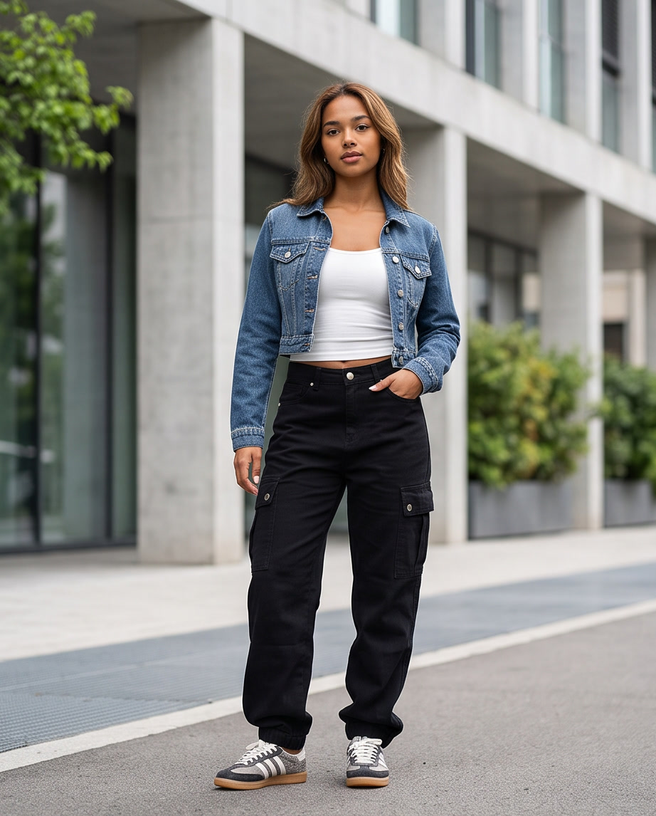 JESKAA_Jeans Cargo Donna Neri_Pantaloni Cargo in Denim