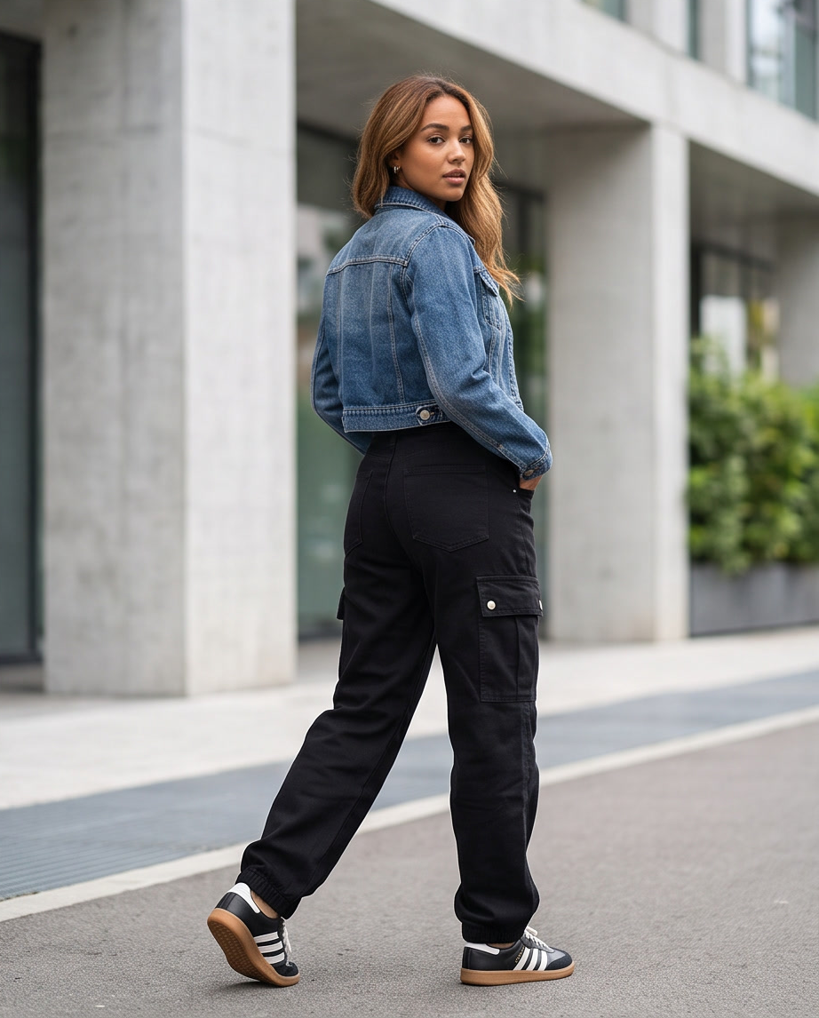 JESKAA_Jeans Cargo Donna Neri_Pantaloni Cargo in Denim_RETRO