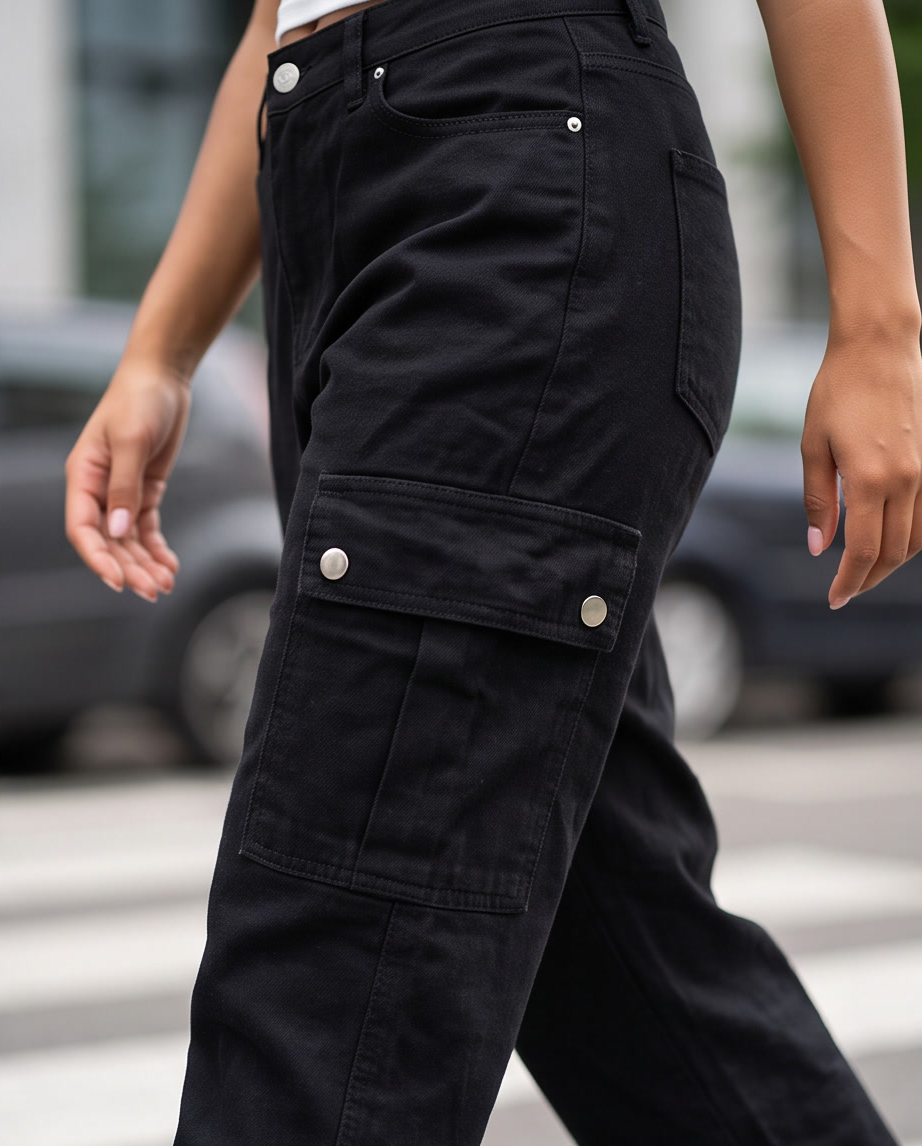 JESKAA_Jeans Cargo Donna Neri_Pantaloni Cargo in Denim_TASCHE