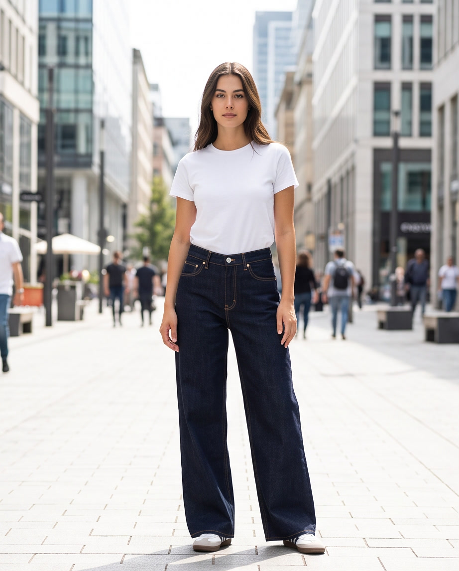 JESKAA_Jeans Donna Wide Leg Blu Scuro_Gamba Larga