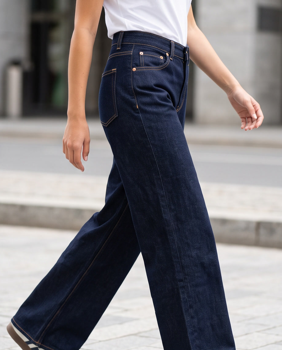 JESKAA_Jeans Donna Wide Leg Blu Scuro_Gamba Larga
