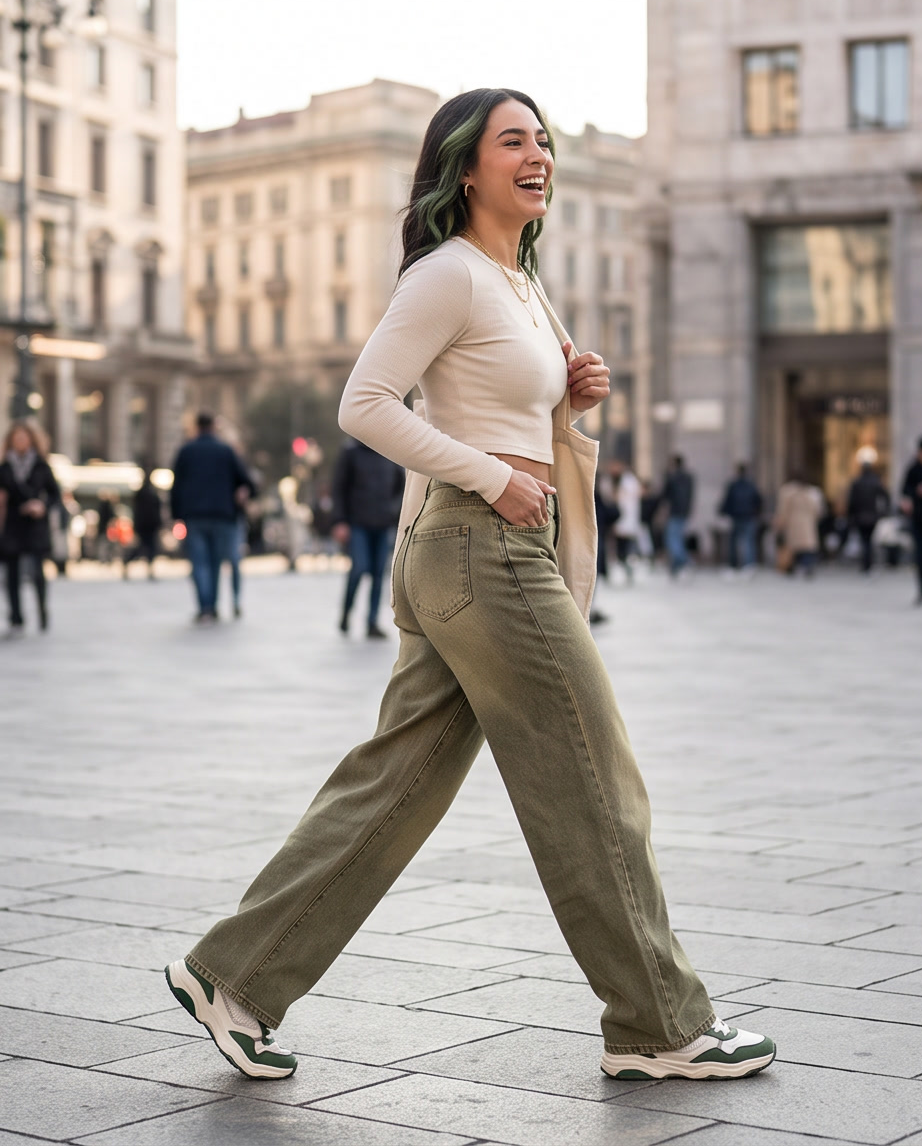 JESKAA_Jeans Donna Wide Leg Verde Oliva_Pantaloni a Gamba Larga