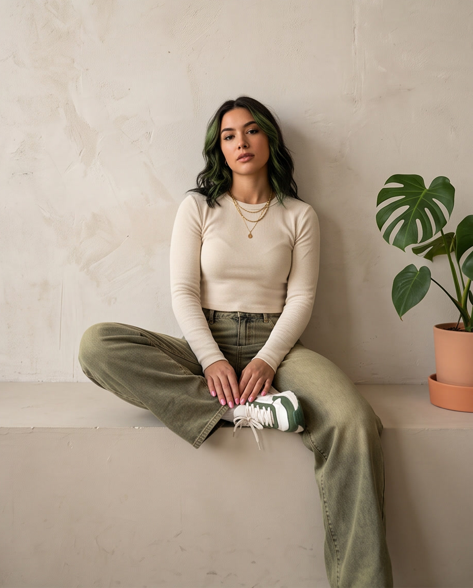 JESKAA_Jeans Donna Wide Leg Verde Oliva_Pantaloni a Gamba Larga_FRONTE