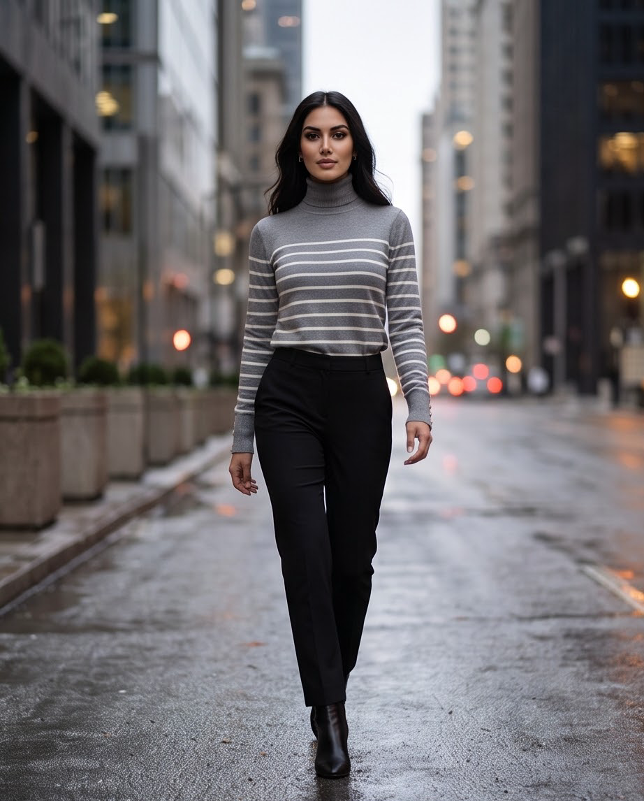 JESKAA_Maglia Donna Dolcevita Grigia a Righe_FRONTE