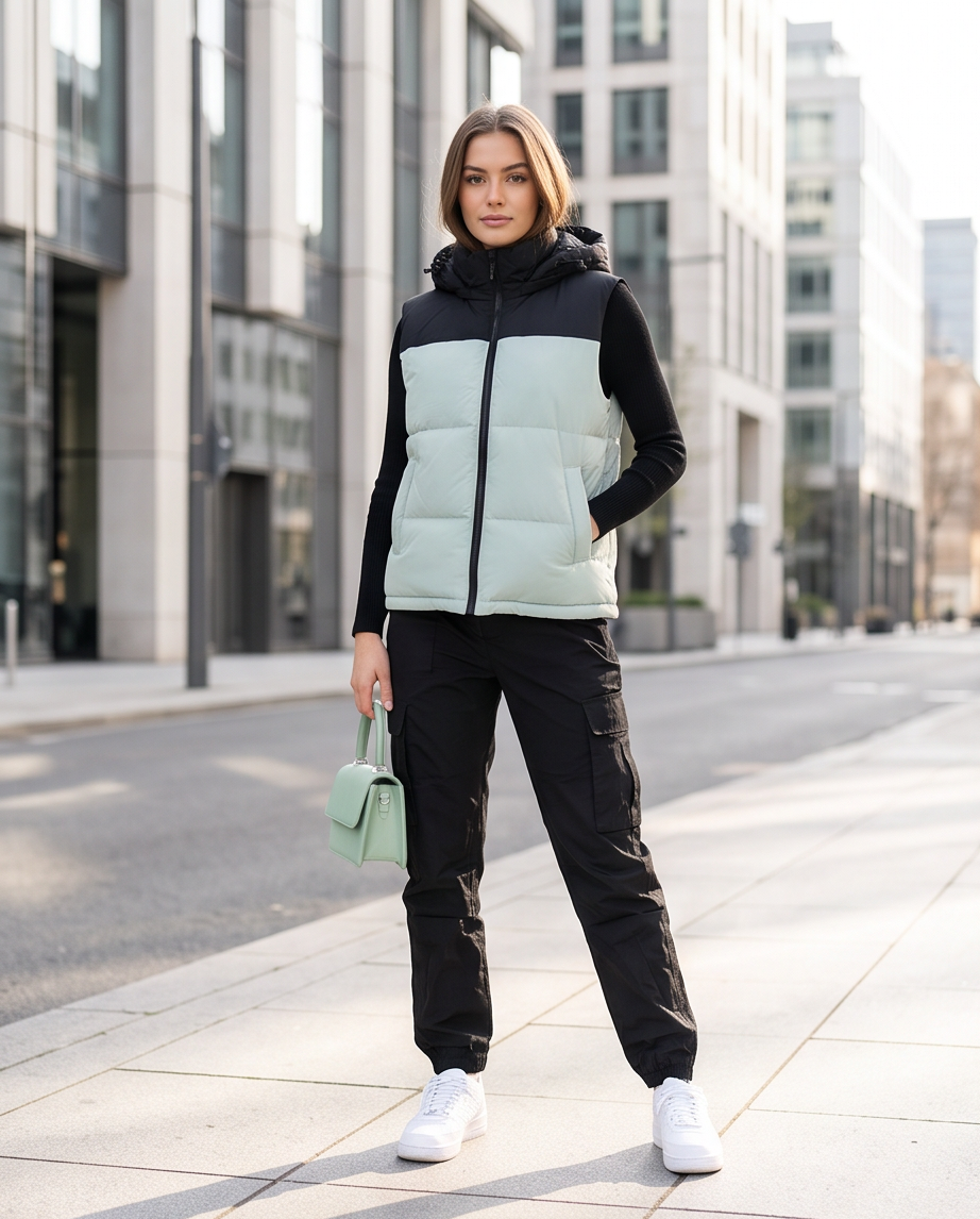 JESKAA_Smanicato Gilet Donna Color-Block_CELESTE