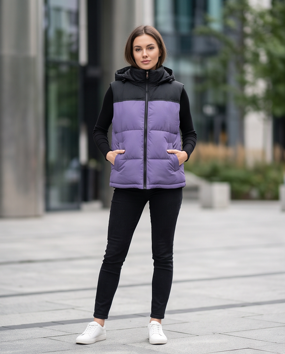 JESKAA_Smanicato Gilet Donna Color-Block_VIOLA