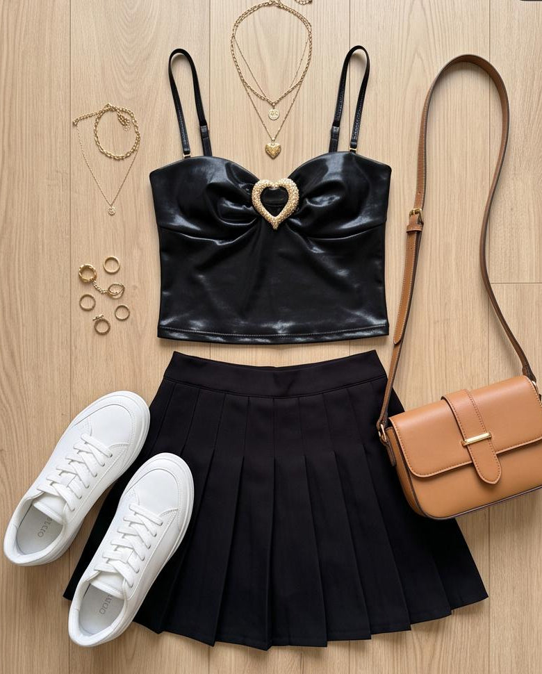 JESKAA_Top metallizzato party outfit con dettaglio cuore_NERO