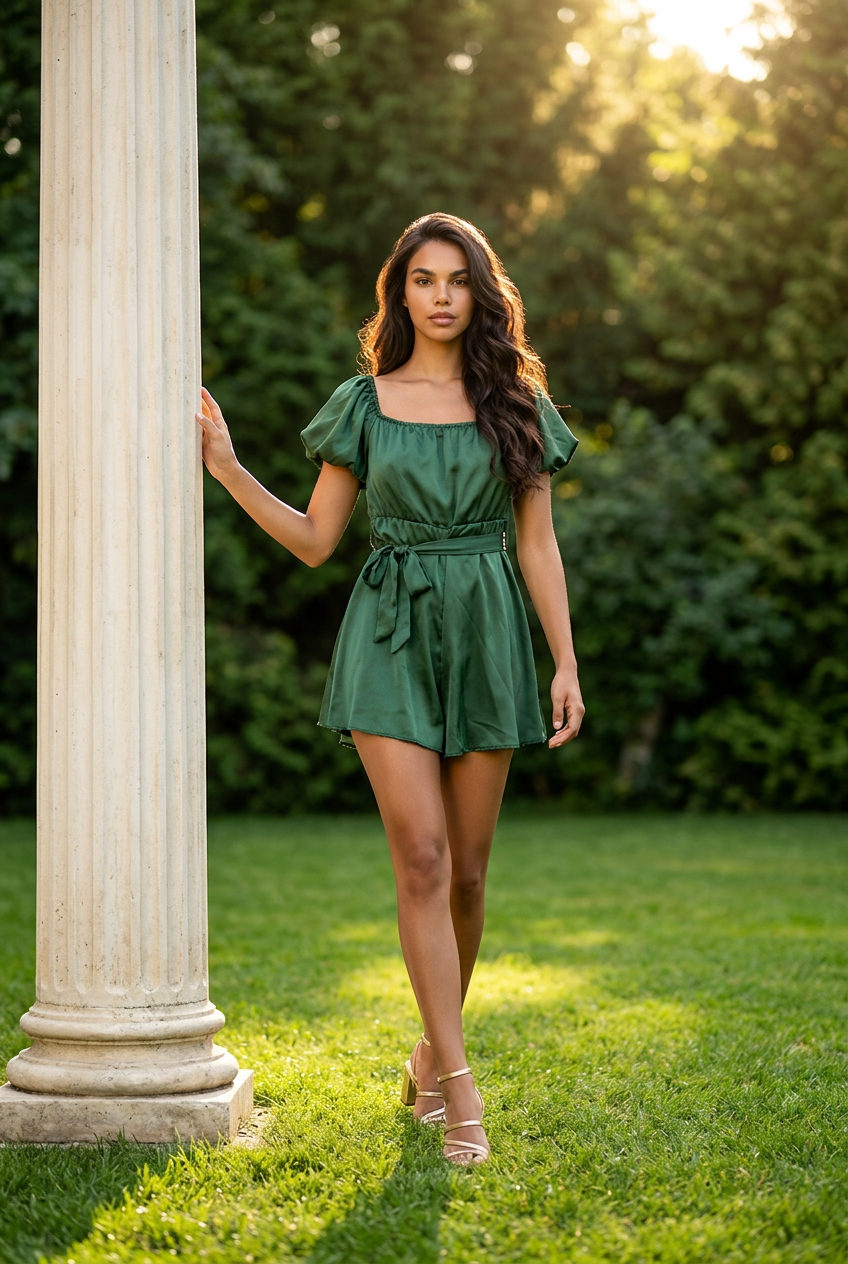 JESKAA_Tutina corta donna V effetto satinato con cintura_VERDE