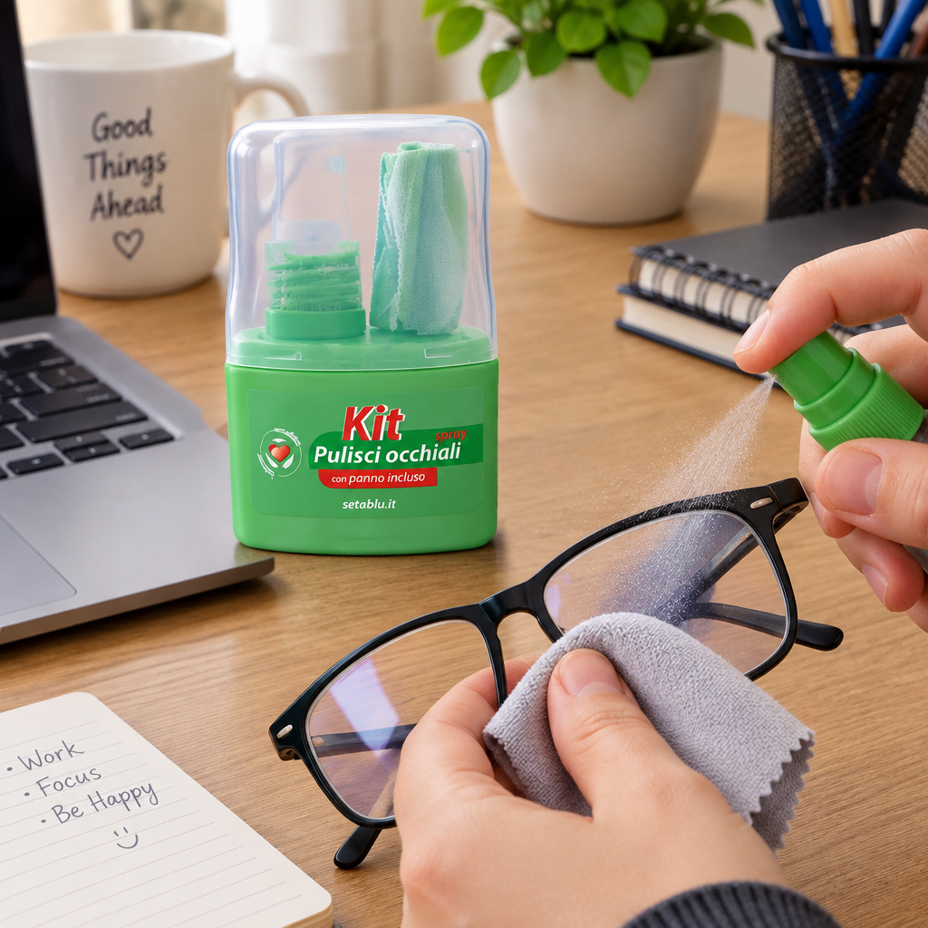 Kit Pulizia Occhiali Spray e Panno: Lenti Perfette Senza Aloni