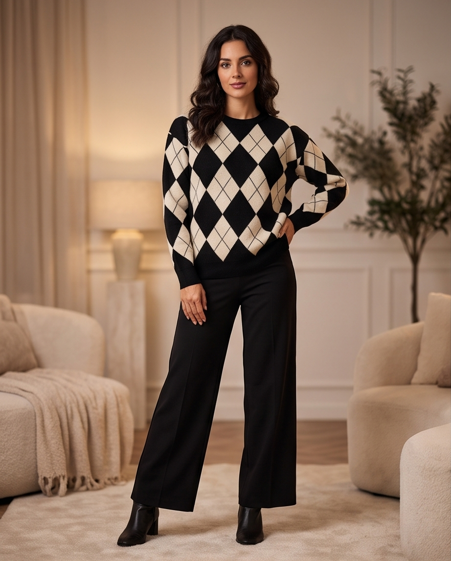 Maglione Donna a Rombi Argyle Bianco e Nero