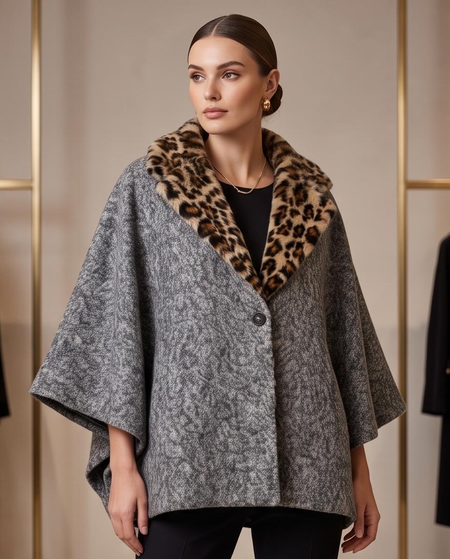 Abbigliamento donna Mantella Donna Grigia in Panno con Collo in Eco-Pelliccia Leopardata vintage