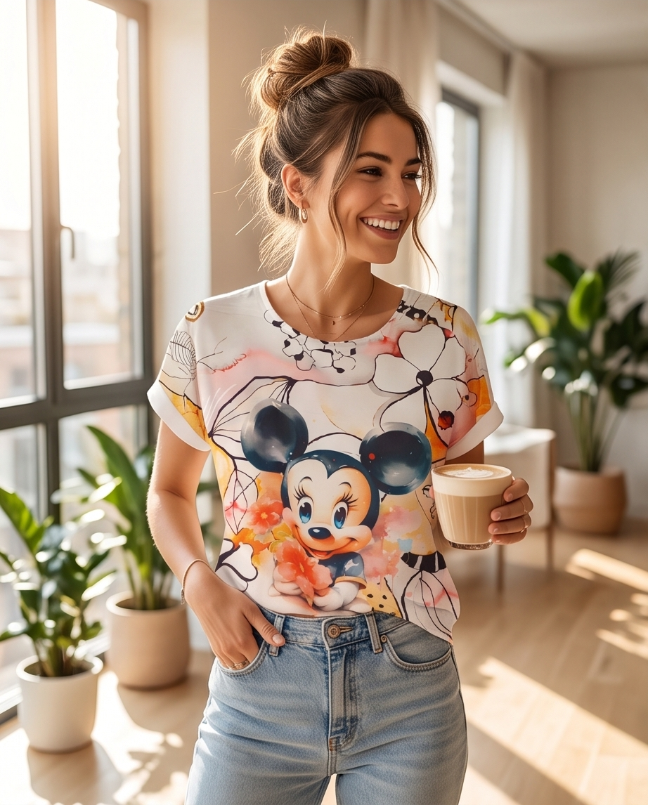 T-Shirt Floreale ad Acquerello con Stampa Delicata