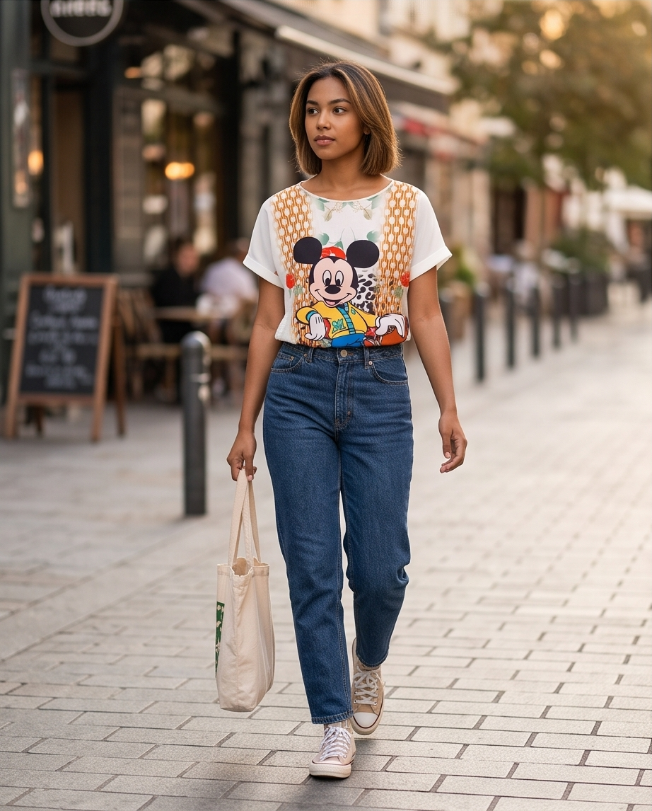 T-Shirt Stampa Catene Dorate e Fiori Stile Urban Chic