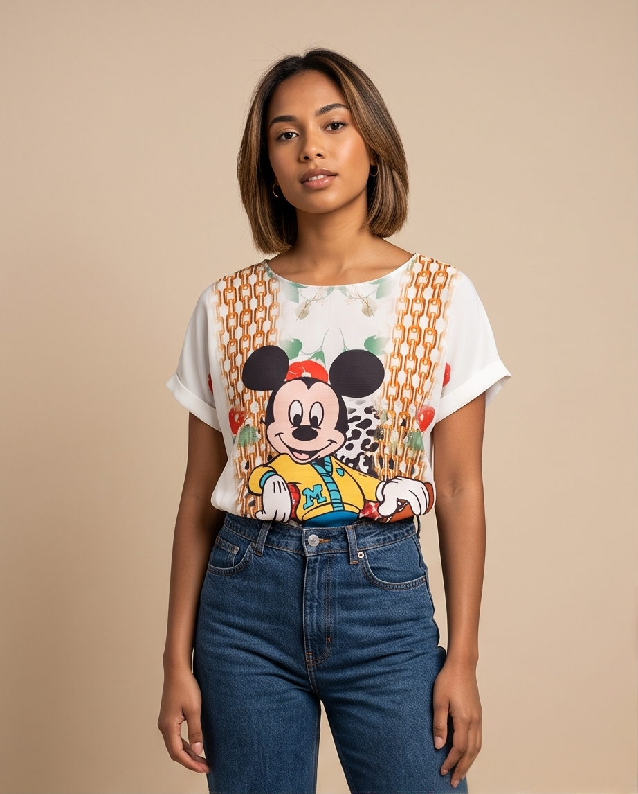 T-Shirt Stampa Catene Dorate e Fiori Stile Urban Chic