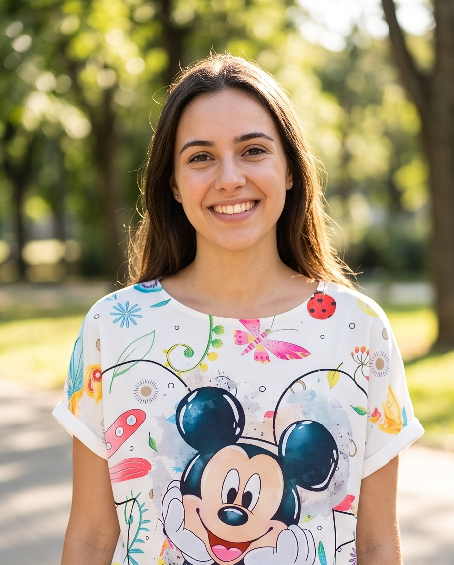 T-Shirt Bianca Stampa Cartoon Farfalle e Fiori