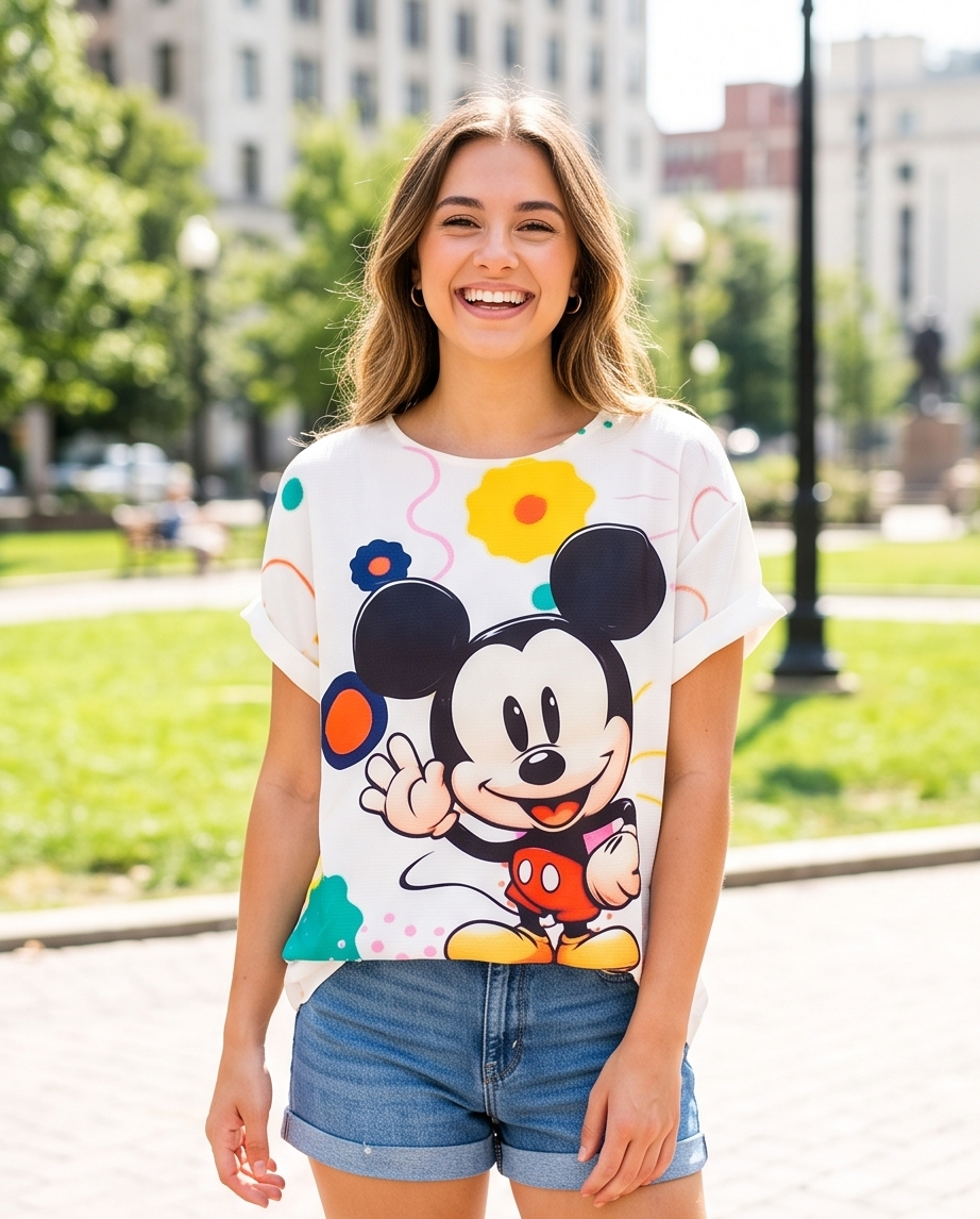 T-Shirt Bianca Stampa Fiori e Cerchi Colorati