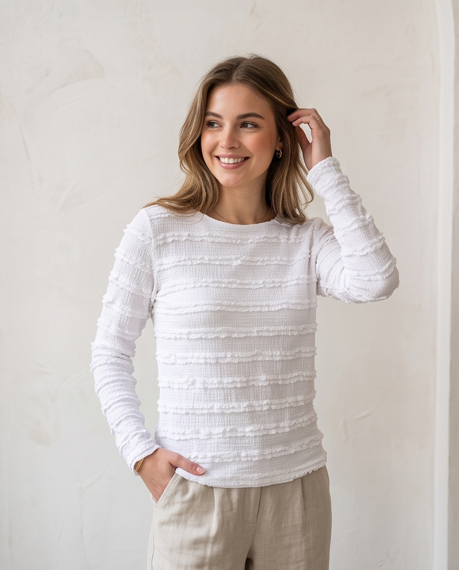 Top Donna Tessuto Smock a Righe Maniche Lunghe Disponibile in 3 Colori