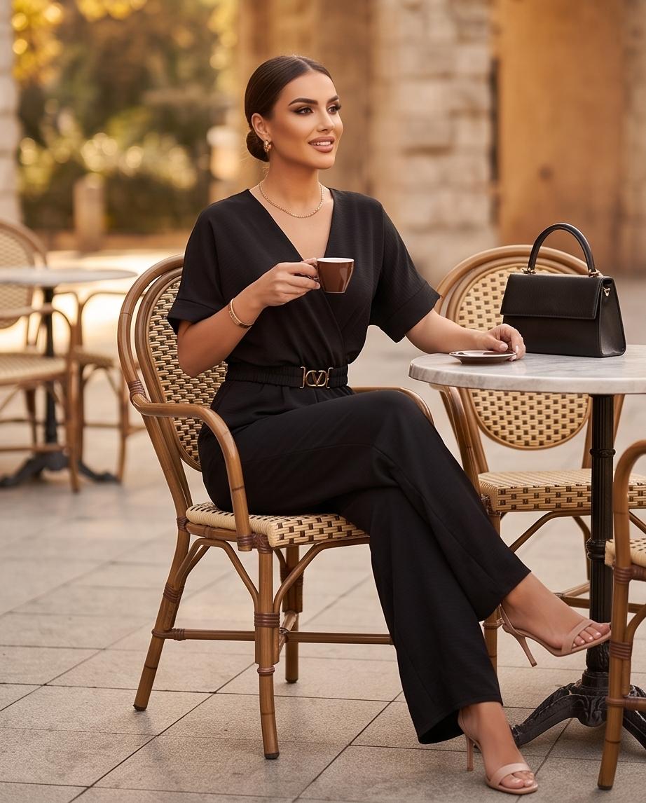 Tuta Jumpsuit Elegante Donna con Cintura Gioiello e Gamba Ampia