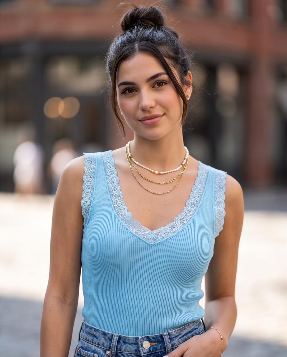 Top a Coste Donna con Bordo in Pizzo